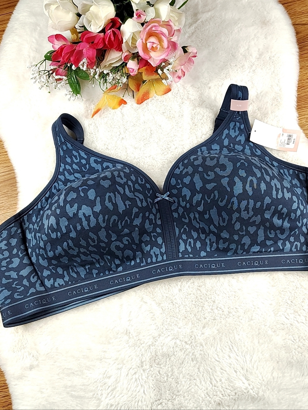 Cacique Cotton Collection Lightly Lined No-Wire Bra Blue Cheetah 52B NWT